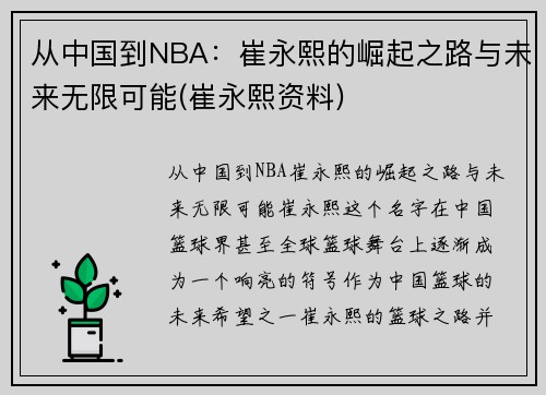 从中国到NBA：崔永熙的崛起之路与未来无限可能(崔永熙资料)